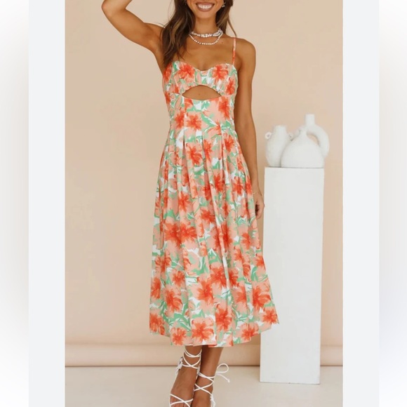 Hello Molly Dresses & Skirts - Hello Molly Coral Floral Midi Dress with Green Leaves